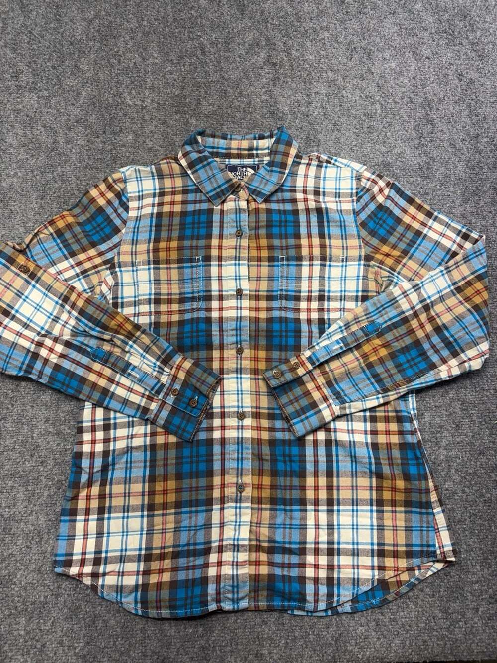 The North Face Women’s Blue Brown Plaid Flannel Shirt Roll Tab Sleeves Size-M